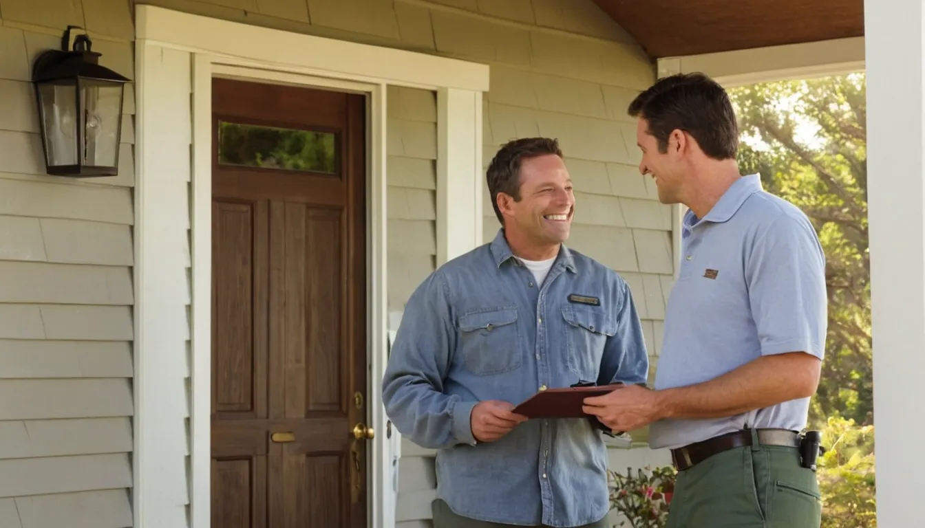 A friendly homeowner talking with a local pest control provider at a front door in East Bethel